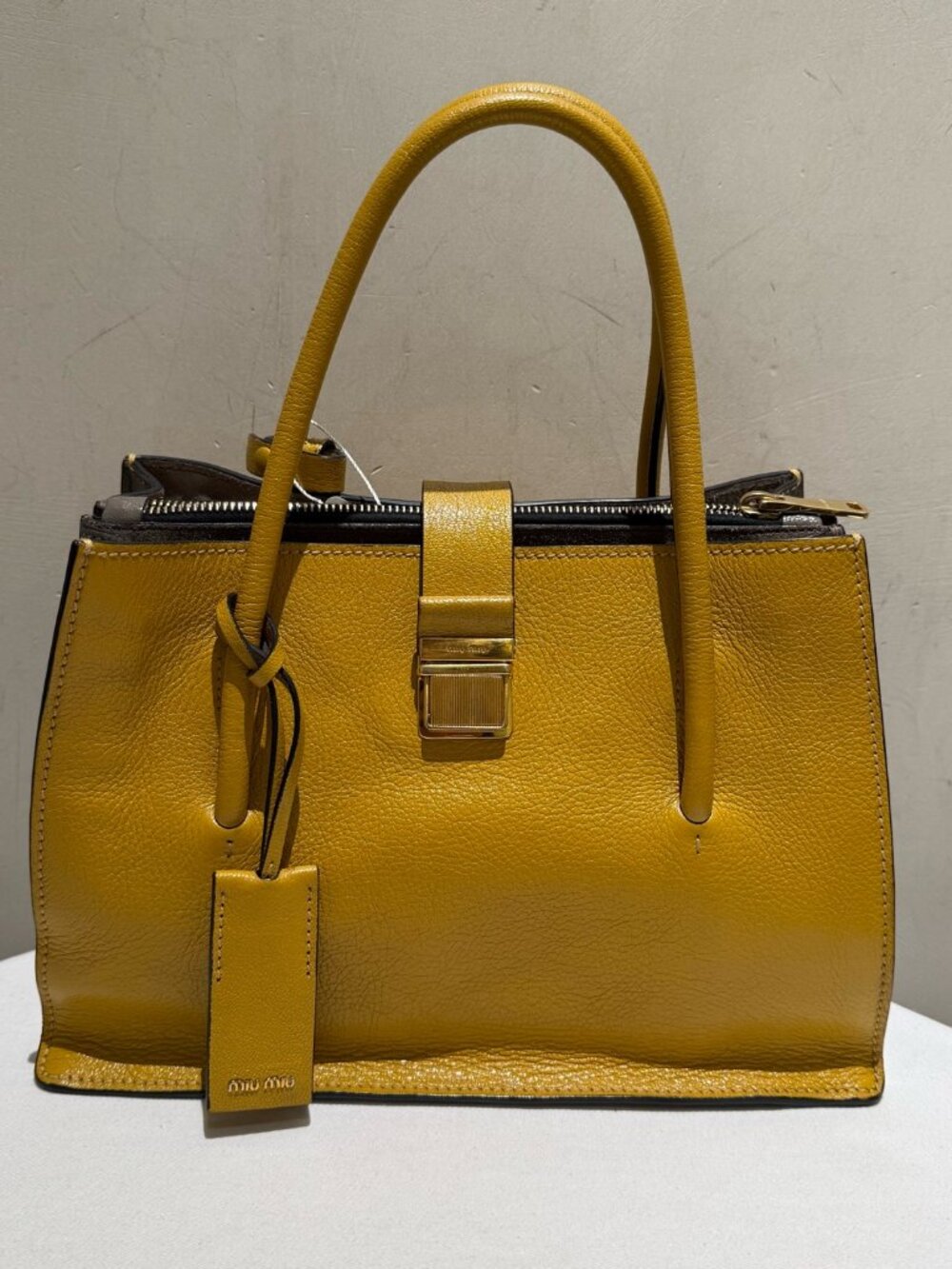 Miu Miu Mustard Yellow Grained Cowhide Leather Tote Bag